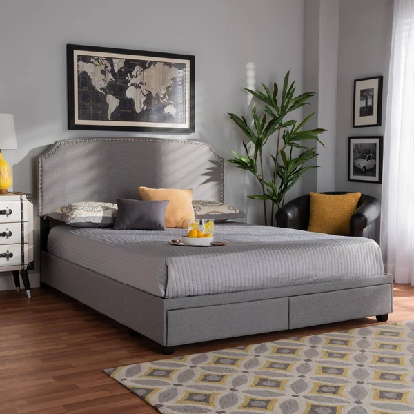 Baxton Studio Larese Light Grey Fabric Upholstered 2-Drawer King Size Platform Storage Bed