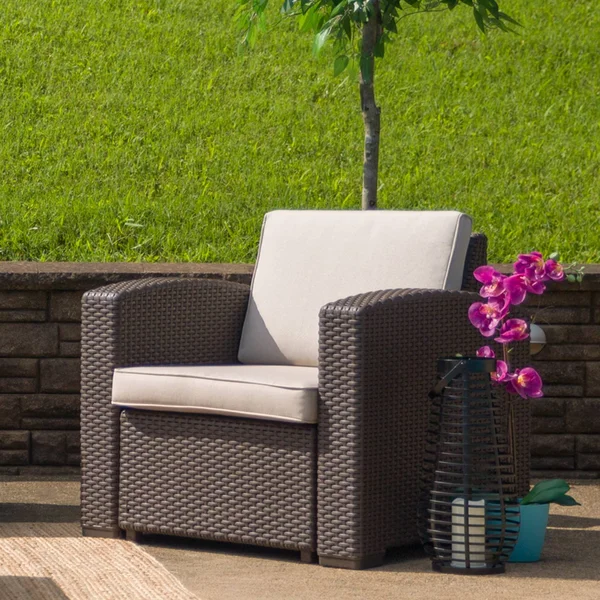 Chocolate Brown Faux Rattan - Chair with All-Weather Beige Cushion