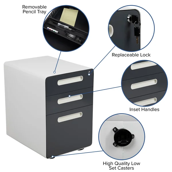 24x22 Black and Gray Ergonomic 3-Drawer Mobile Locking Filing Cabinet with Frame