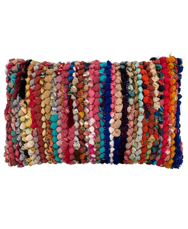 Saro 7116.M1220BP 12 x 20 in. Oblong Corded Chindi Throw Pillow with Multi Colored Design & Poly Filling