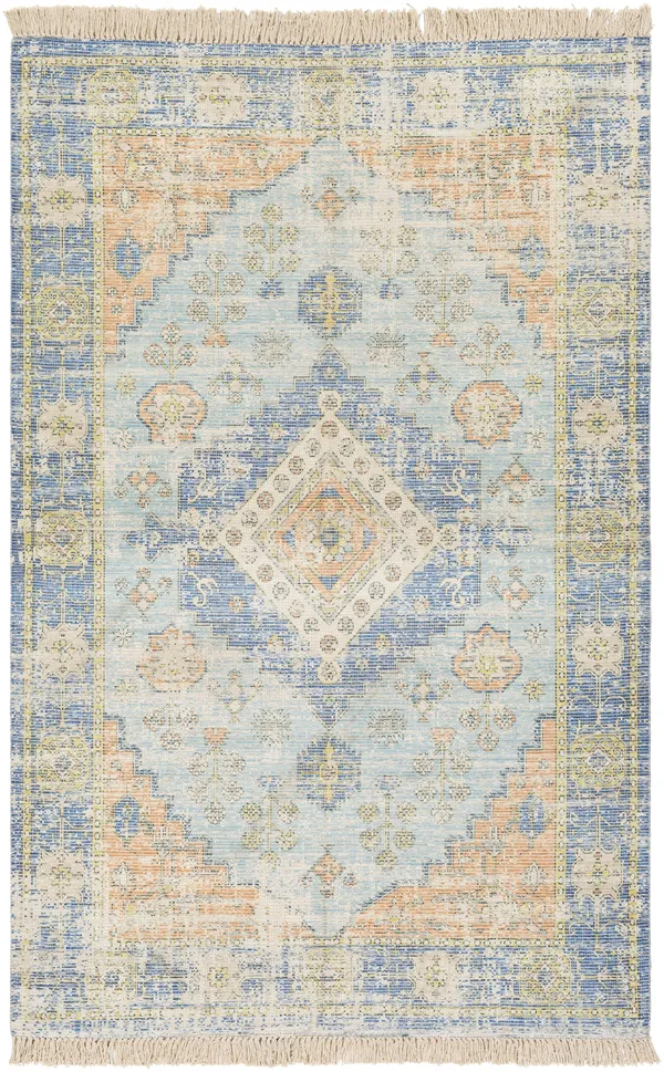 Traditional Zai Handmade Fringe Cotton Sky Blue Medallion Area Rug