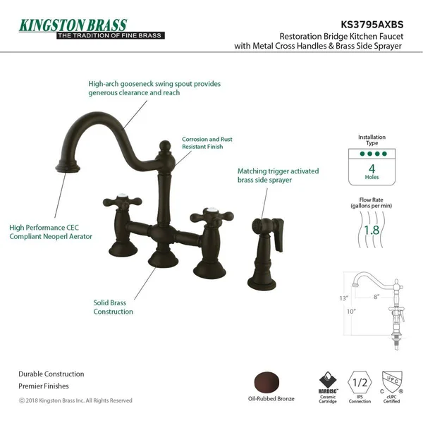 Kingston Brass KS3791AXBS Restoration Bridge Kitchen Faucet with Brass Sprayer, Polished Chrome