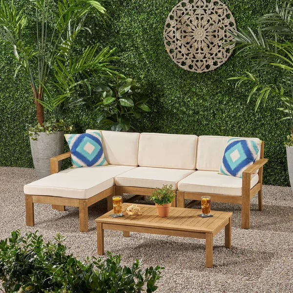 Isabella Ana Outdoor 3 Seater Acacia Wood Sofa Sectional with Cushions (Wire Brushed Light Gray Wash - Dark Teal)