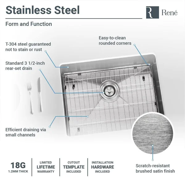 Rene R1-1015-18 23 inch Stainless Steel Single Bowl 3/4 inch Radius 18 Gauge Kitchen Sink with Cutting Board, Grid and Basket ST