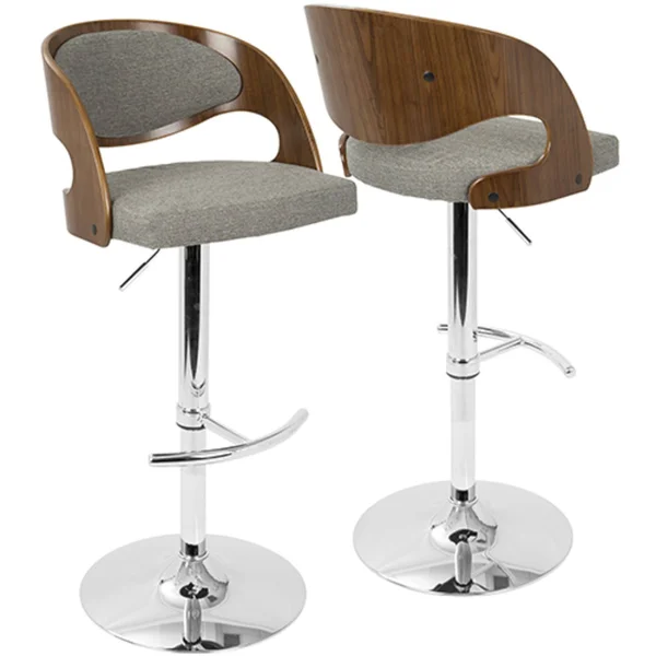 LumiSource Pino Mid-Century Modern Adjustable Barstool with Swivel - Walnut & Grey