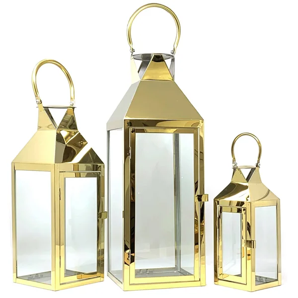 Allgala 3-Pc Set Jumbo Luxury Modern Indoor/Outdoor Hurricane Candle Lantern Set with Chrome Plated Structure and Tempered Glass