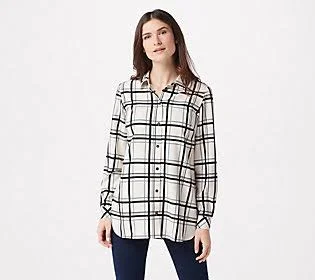 Susan Graver Printed Stretch Woven Button FrontTunic Shirt - Size Medium, Ivory Lace