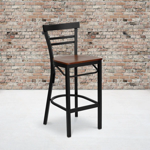 Flash Furniture Hercules Metal Ladder Back Wood Seat Restaurant Bar Stool, Black