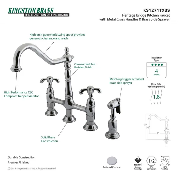 Kingston Brass Ks1271txbs French Country Kitchen Bridge Faucet with Brass Sprayer, Chrome