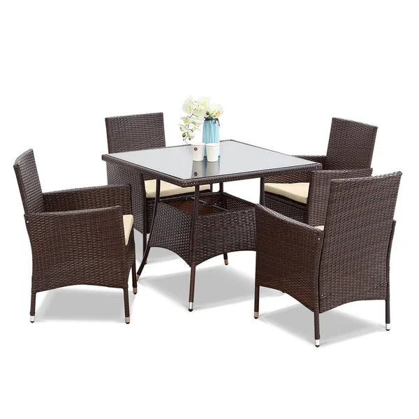 5 Piece Outdoor Patio Dining Set - Wicker Glassed Table and Cushioned Chair, Umbrella Cut Out, Brown, Size: 83