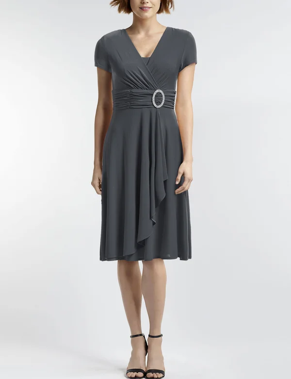 R & M Richards Short-Sleeve Faux-Wrap Dress - 12, Charcoal