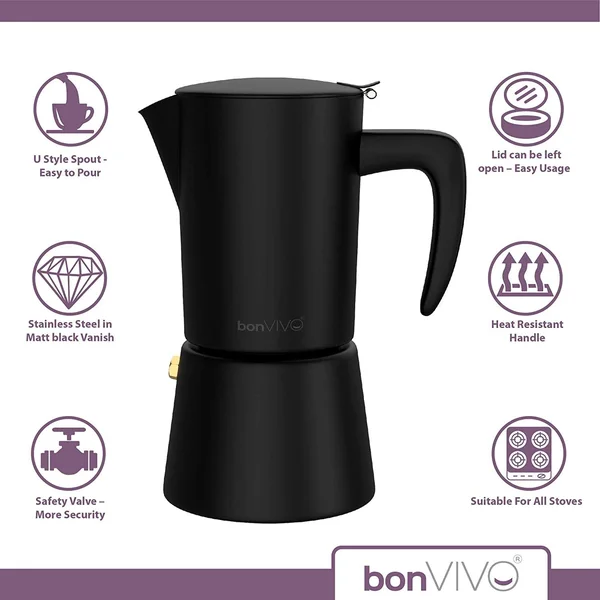 bonVIVO Intenca Stovetop Espresso Maker - Luxurious Italian Coffee Machine Maker, Stainless Steel Espresso Maker Full Bodied Cof