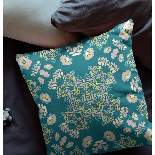 Rose Wreath Broadcloth Indoor Outdoor Pillow - Zippered, Greenyellow