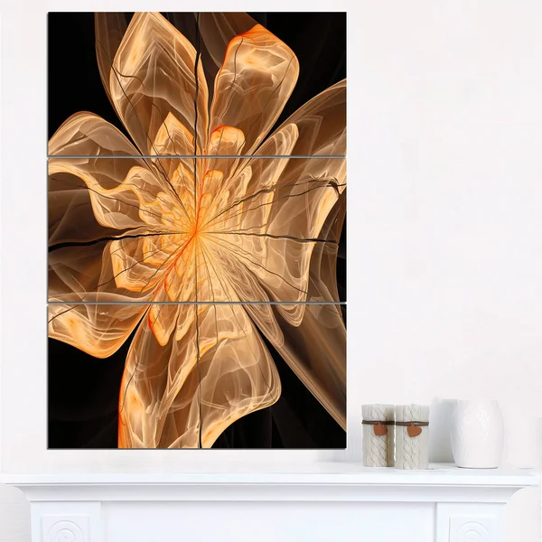 Design Art Light Orange Symmetrical Fractal Flower - 3 Piece Graphic Art on Wrapped Canvas Set, Black
