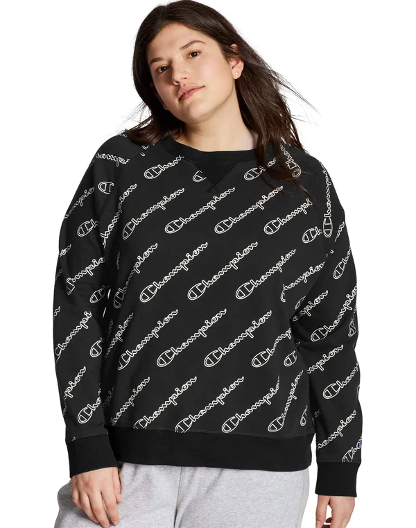 Champion Women's Plus Heritage French Terry Print Crew Outline Script Black 1x