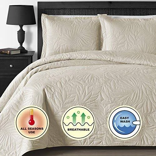 Comfy Bedding Extra Lightweight and Oversized Thermal Pressing Leafage 3-Piece Coverlet Set (King/Cal King - Beige)