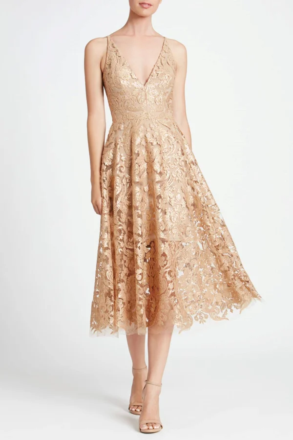 Dress The Population Blair Womens Lace Sequined Midi Dress - Gold/Nude