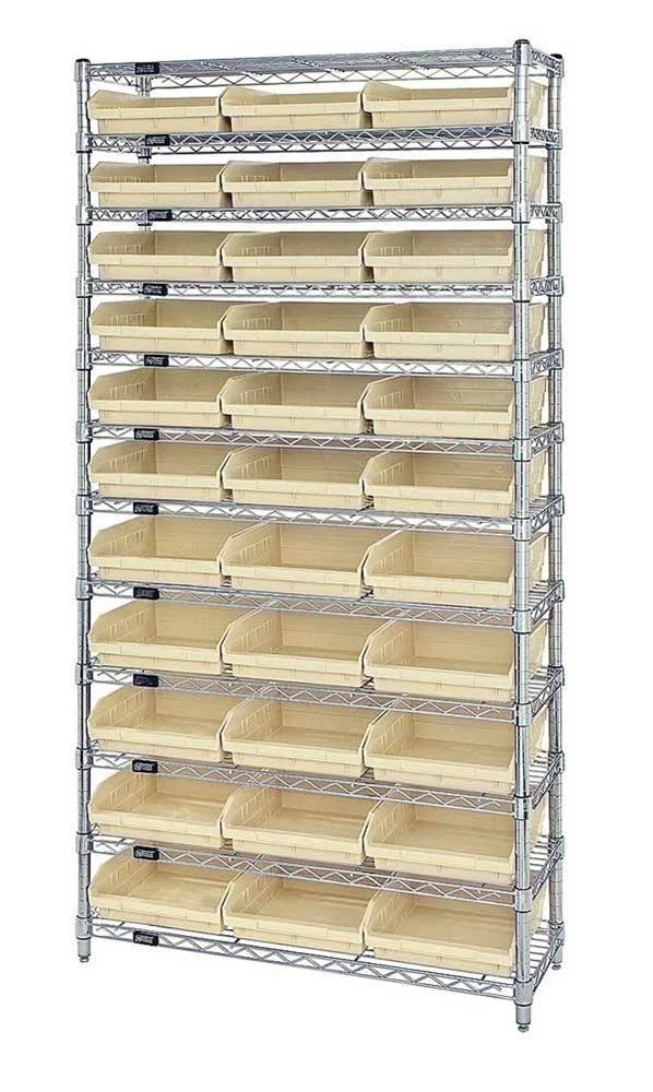 WR12-109, Wire Shelving Unit with 33 Plastic Bins, Ivory