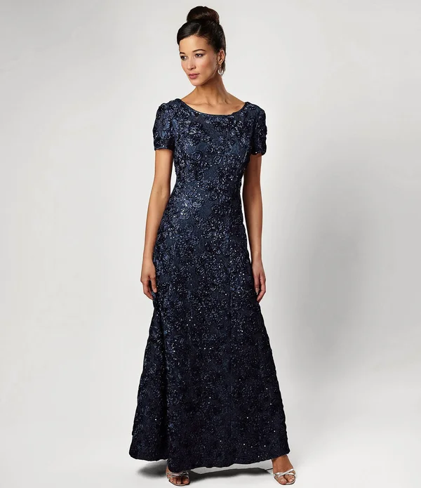 Alex Evenings Womens Petites Sequined Rosette Evening Dress Blue 16p