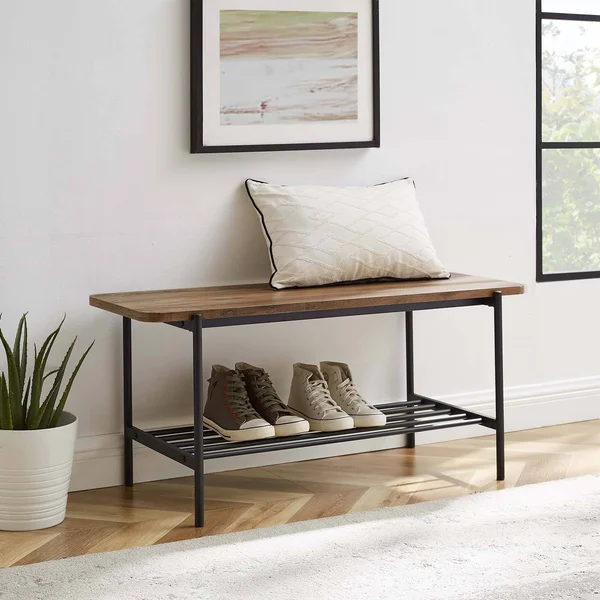 Walker Edison Athena 40 Wood Bench with Metal Shelf