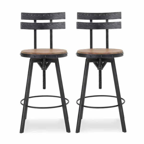 Noble House Frontage Firwood Adjustable Height Swivel Barstools - Set of 2, Natural and Black Brushed Silver