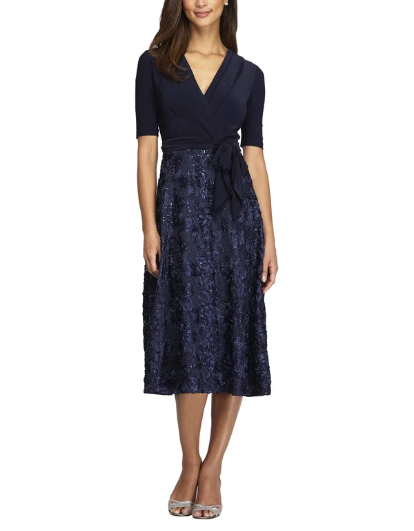 Alex Evenings Women's Rosette Tea-Length Dress - Blue 16