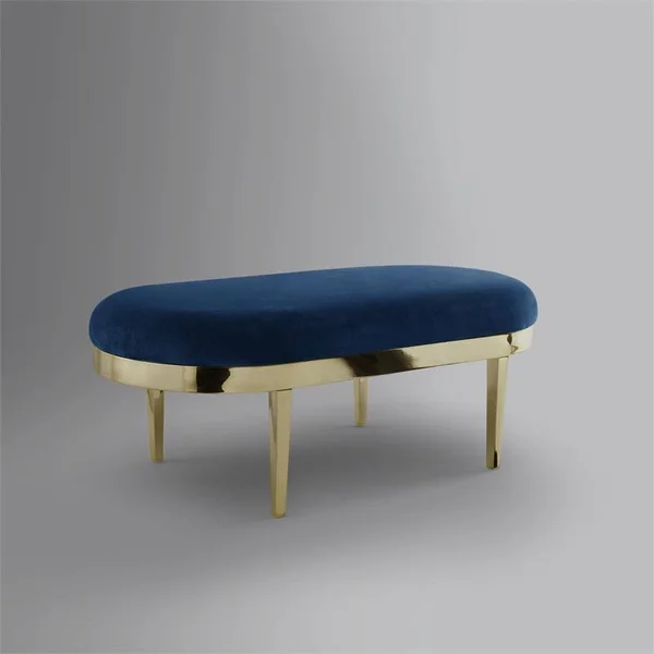 Issac Oval Bench Navy Blue Velvet Upholstered Polished Legs