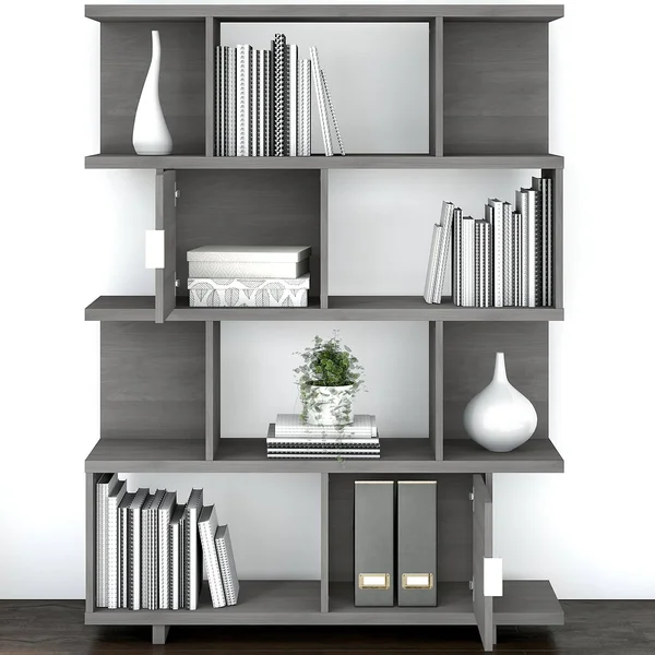Kathy Ireland Home by Bush Furniture Madison Avenue Large Geometric Etagere Bookcase with Doors Modern Gray