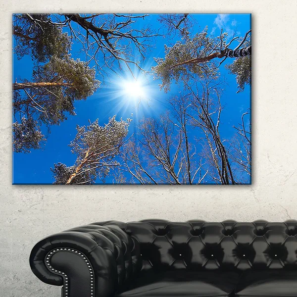 Design Art Bright Sun in The Tree Top Circle - Modern Forest Canvas Wall Art - Blue, 40 in. Wide x 30 in. High