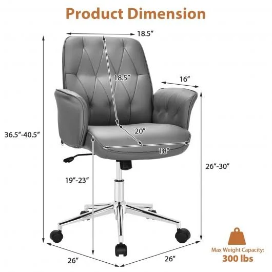 Modern Home Office Leisure Chair PU Leather Adjustable Swivel with Armrest-Gray
