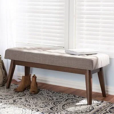 Coogee Mid-Century Modern Walnut Wood Dark Grey Fabric Button-Tufted Bench Corrigan Studio Color: Gray/Walnut