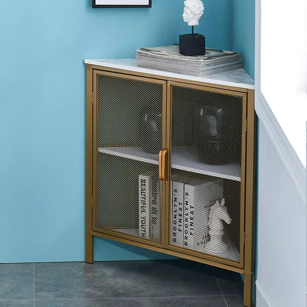 VECELO 3 Tiers Corner Shelf Metal Frame Shelves Storage Organizer with VENTILATION Protection DOOR - Glod, 19.7 x 19.7 x 29.6 inches