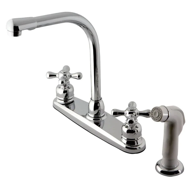 Kingston Brass Victorian High Arch Kitchen Faucet with White Sprayer - Satin Nickel/Polished Chrome KB717AX