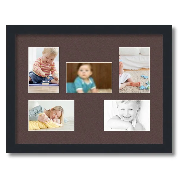Collage Picture Frame - Satin Black Frame with 5 openings for 4x6 Photos with Brown Peat Mat. D3926DN322, ArtToFrames