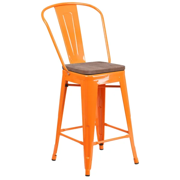 Flash Furniture 24x22 High Metal Counter Height Stool with Back and Wood SEAT, White