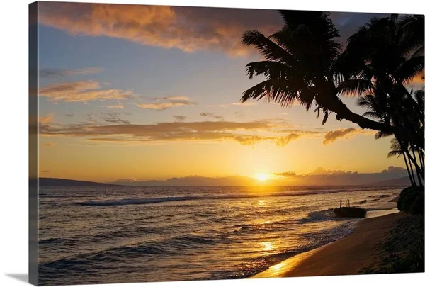 Hawaii - Maui, Kaanapali Resort, Sunset with Beach and Palm Trees, Canvas Wall Art, 36x24, Great Big Canvas