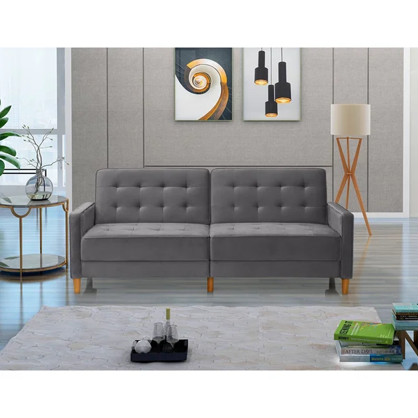 Modern Velvet Upholstered Sofa Bed - Grey