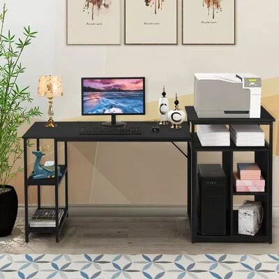 Computer Desk with Printer Stand - Shelf, Large Desk with Bookshelf 47in Desktop Inbox Zero