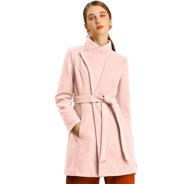 Women's Stand Collar Winter Belted Long Coat - Fuchsia - Xs