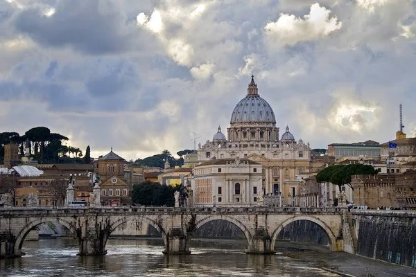 Panoramic Images Large Canvas Art Prints - Arch Bridge Across Tiber River with St. Peter's Basilica in The Background, Rome, Laz