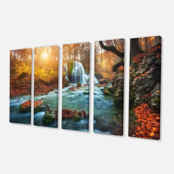 Design Art PT9799-373 Fast Flowing Fall River in Forest - Landscape Photography Canvas Print - 60x32 - 5