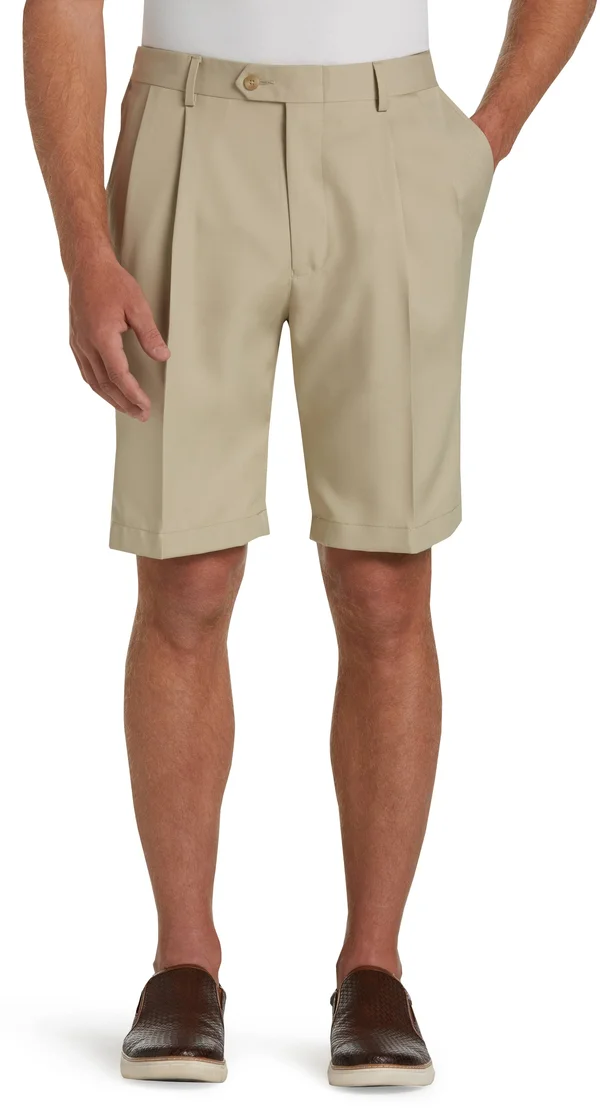JoS. A. Bank Men's Traveler Performance Pleat Front Traditional Fit Comfort Waist Shorts, British Tan, 39 Regular
