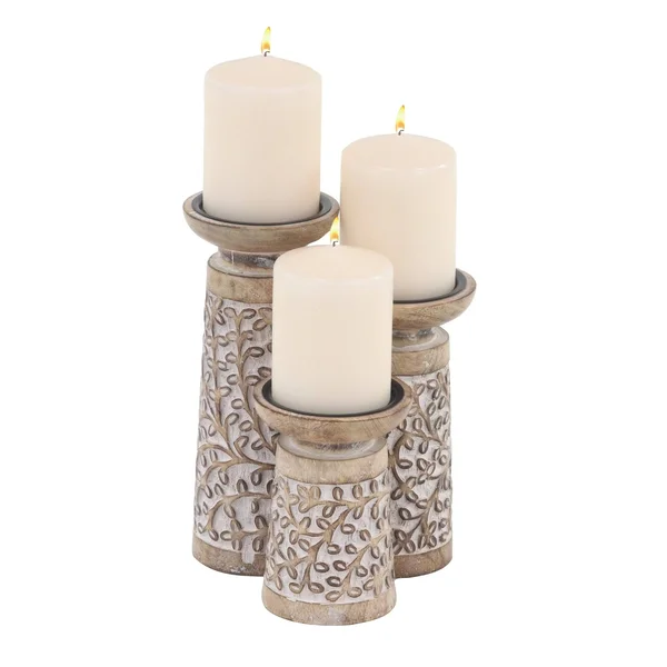 The Curated Nomad Buckroe 3-Piece Rustic Mango Wood Flourish-Patterned Candle Holder Set