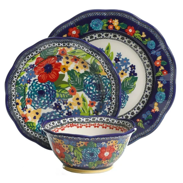 The Pioneer Woman Dazzling Dahlias 12-Piece Dinnerware Set, Cobalt