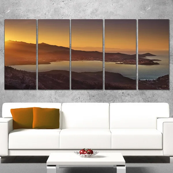 Design Art Portoferraio Bay Beach Aerial View - Extra Large Seashore Canvas Art, 60 in. Wide x 28 in. High - 5 Equal Panels