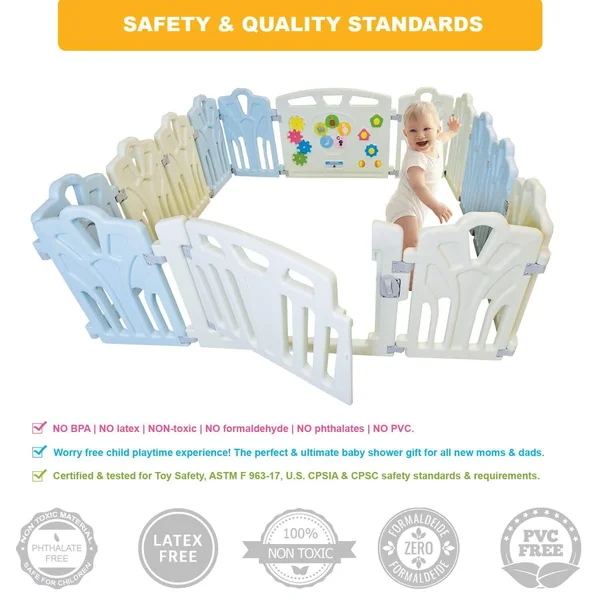 Baby Playpen Kids Activity Center - 14 Panel - Safety Play Yard Area - Indoor, Outdoor Portable Fence, Adjustable, Non-Toxic, M