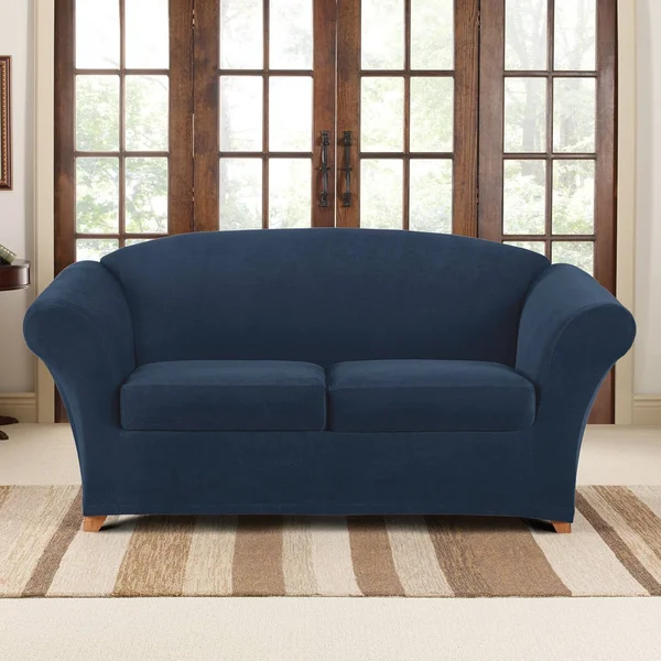 3PC Stretch Pique Loveseat Slipcovers Navy - Sure Fit