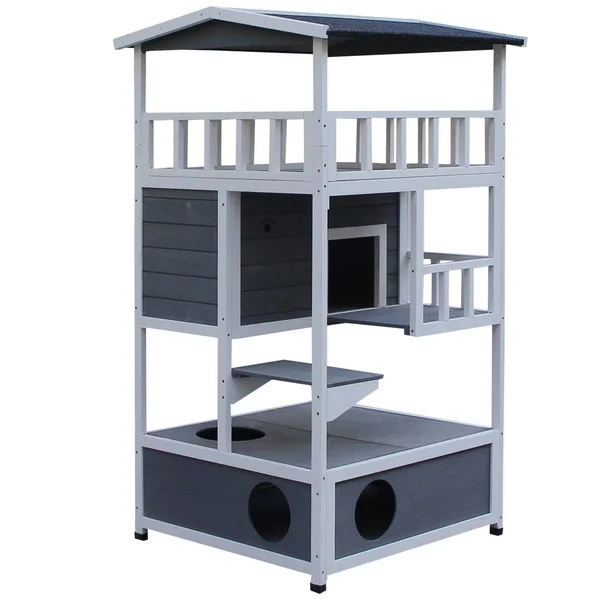 Pawhut Solid Wood 4-Floor Cat Condo Villa with Litter Box