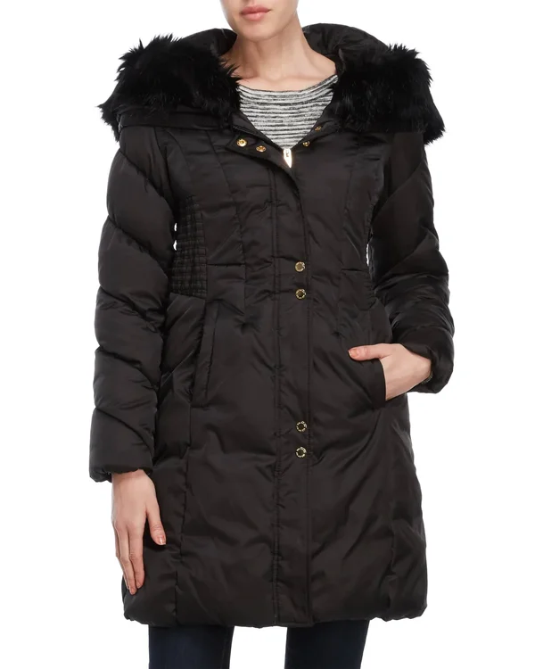 Via Spiga Womens Winter Faux Fur Parka Coat - Black