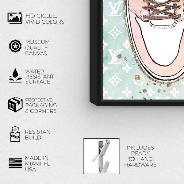 Oliver Gal 'Blush Fashion Sneakers' Fashion and Glam Wall Art Framed Canvas Print Shoes - Pink, Green - 40 x 40 - Gold